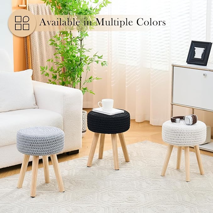 Cotton Knitted Ottoman Round Vanity Stool Modern Footstool Ottoman Footrest with Non-Skid Wood Legs for Living Room Bedroom Black