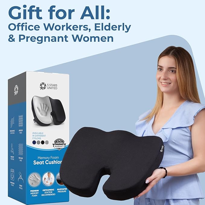 5 STARS UNITED Seat Cushion for Tailbone Pain Relief ā Large Memory Foam Lifting Pillow for Coccyx, Hip, Sciatica & Post-Surgery Recovery ā Wheelchair, Car, Desk, Gaming & Office Chairs, Black