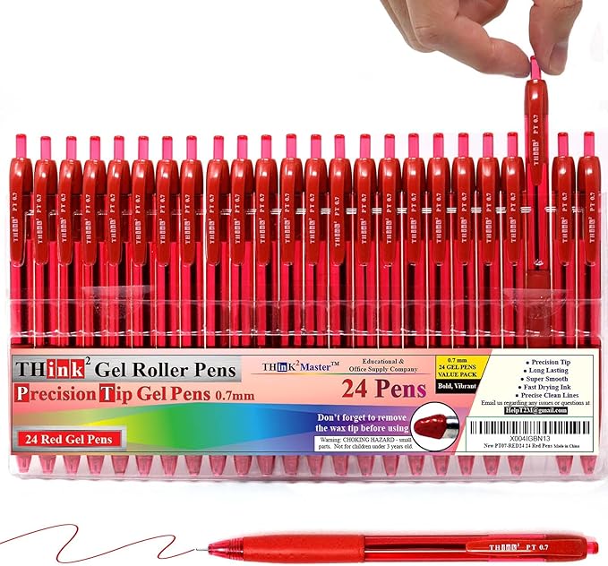 THINK2MASTER [24 Pens - Red Ink Think2 0.7mm Precision Tip Gel Pens. (24 Red) Fine Point Small Rollerball Pens with Smooth Quick Drying Ink.