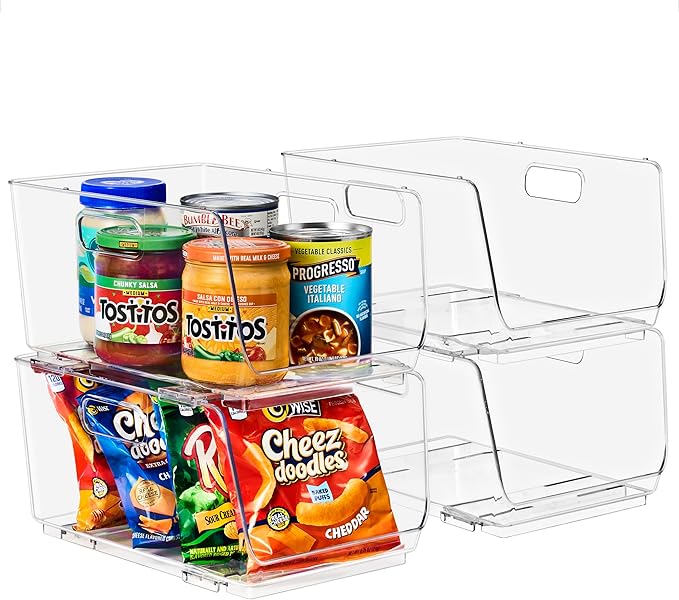 Sorbus Stackable Storage Bins Open Front - Clear Stackable Storage Bins - Pantry Bins for Storage and Organization - Acrylic Stackable Bins for Kitchen - Clear Pantry Organizer Bins (Medium 4 Pack)