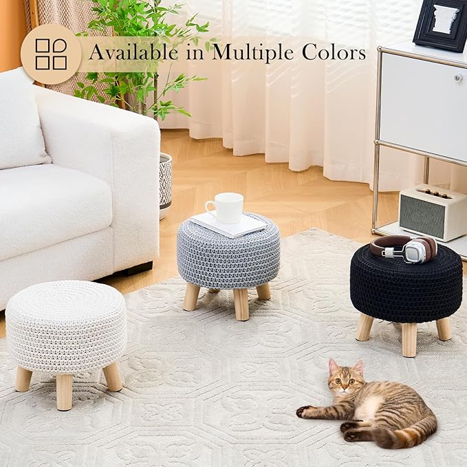 Boho Ottoman Foot Stool Cotton Knitted Round Pouf Ottoman Foot Rest Stool with Non-Skid Wooden Legs Step Stool Padded Seat for Living Room Gray