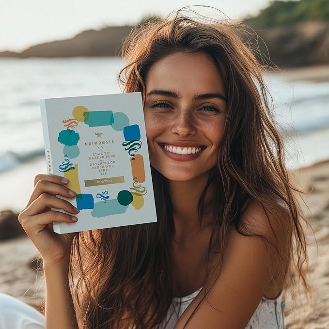 Primrosia 12 Dual Tip Watercolor Marker Pens - Fine Tip & Brush Tips, Professional Quality, 4 x Sticker Sheets, Blendable, Non-Toxic, Perfect for Calligraphy, Drawing & Coloring. (Coastal)