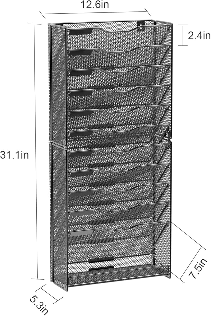 samstar 12 Tier Wall File Organizer, Hanging Wall Mount File Holder Paper Folder Mail Organizer, Mesh Metal, Black.