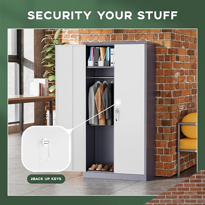 Greenvelly Metal Wardrobe Cabinet with Lock Door, 72" Metal Wardrobe Closet Cabinet with Hanging Rods and Adjustable Shelves, Steel Storage Locker Closet for Home, Office, Employee, Gym (White Grey)