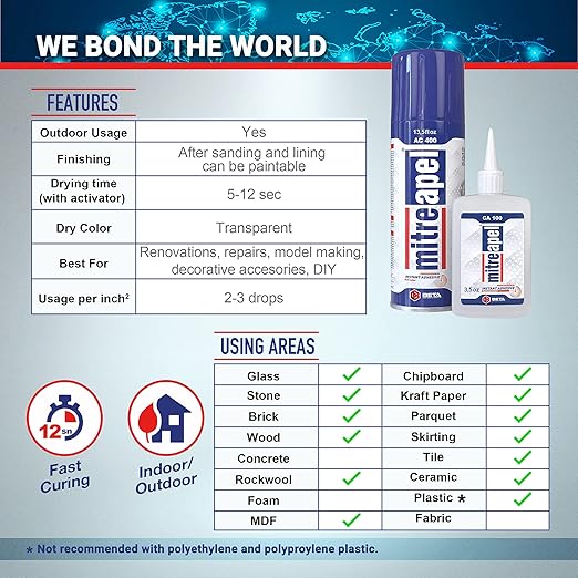 MITREAPEL Super CA Glue (22 x 3.5 oz) with Spray Adhesive Activator (22x13.5 fl oz) Cyanoacrylate CA Glue with Accelerator for Wood, Plastic, Metal, Leather, Ceramic, Crafting&Building (22 Pk)
