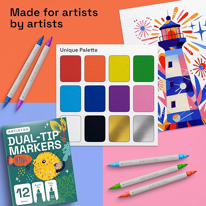 ARTISTRO 12 Dual Tip Fabric Markers - Acrylic Drawing Markers for All Ages & Levels - Fabric Paint Pens for Personalizing Clothes, T Shirts, Bags, Canvas, Textiles (Brush + Fine)