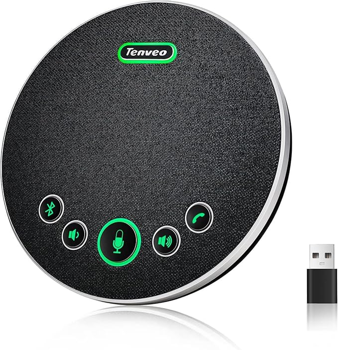 Tenveo Conference Speaker Microphone, Bluetooth/Dongle/USB Connectivity, 360ยฐ Sound Pickup and AI Noise Reduction, Compatible with Zoom, Teams, OBS, Supports 10-12 People for 8 Hours of Talk Time