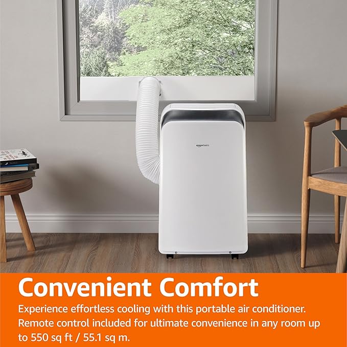 Amazon Basics 4-In-1 Portable Air Conditioner, 13500 BTU (ASHRAE), Cools Up to 550 Sqf, Portable AC with Cool/Heat/Dry (Dehumidifier)/Fan-Only Functions, Auto Mode, Sleep Mode, Timer, White