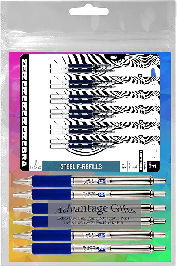 Zebra F-402 Ballpoint Stainless Steel Retractable Pens With Refills, Fine Point, 0.7mm, Blue Ink, 12-Count Bundle with Plastic Reusable Pouch