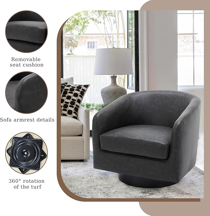 UIXE Faux Leather Swivel Accent Chair with Wood Base, Modern Upholstered Barrel Chairs for Living Room, Comfy Round Armchair Single Sofa Bedroom Reading Seat - 31" W, Black