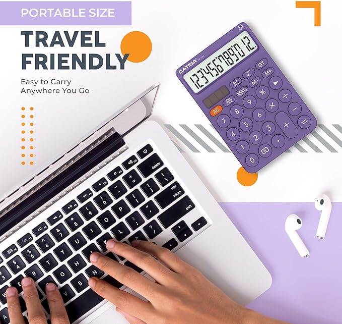 CATIGA 12 Digit Desktop Calculator Basic Desk Calculator with Large LCD Display, Big Buttons, 4 Function, Solar and Battery Dual Power, for Office, School, Home, SD-1292 Purple