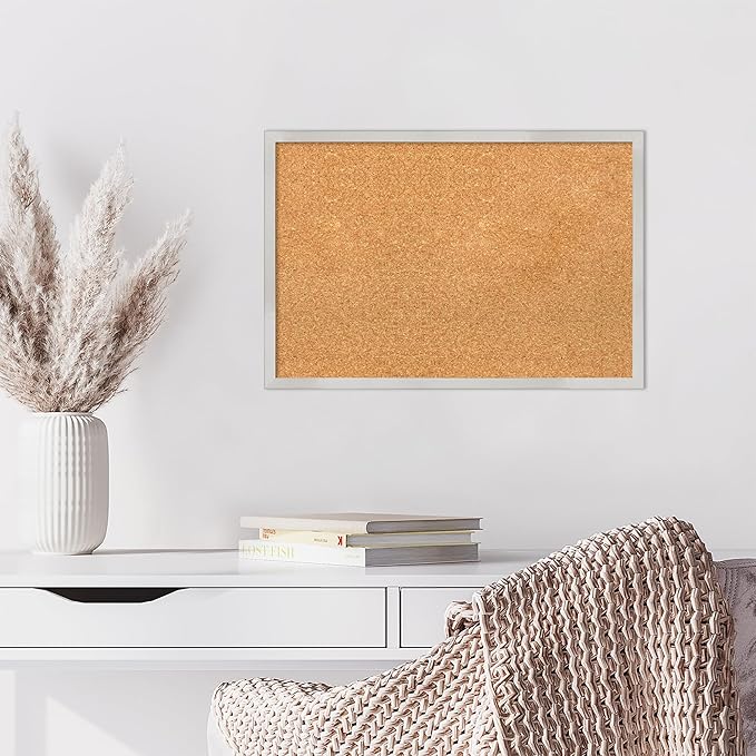 Amanti Art Natural Cork Board for Wall, 17x25 Vision Board with Silver Wood Frame, Medium Corkboard Office Decor for Home Organization, Modern Contemporary Corkboard Pinboard to display items for home