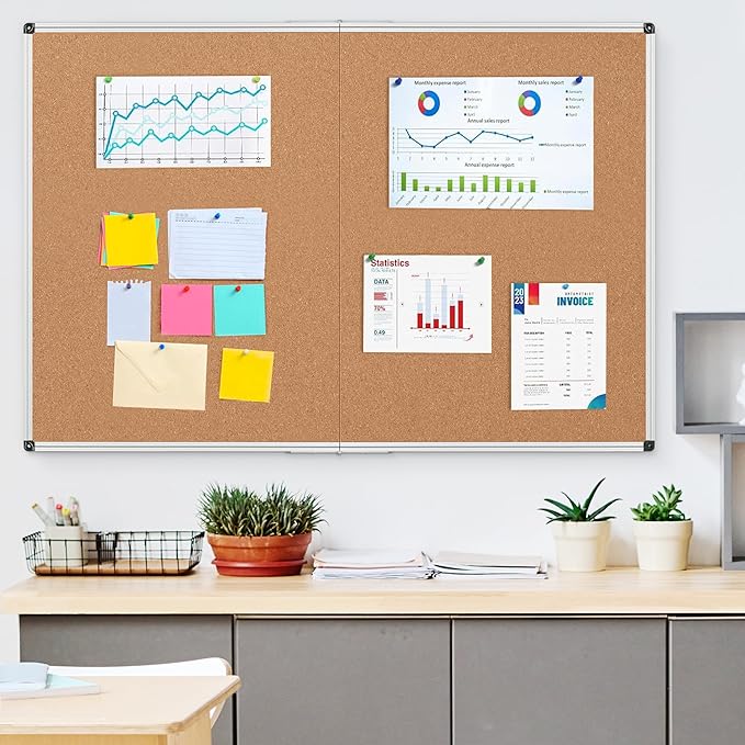 Board2by Cork Board Bulletin Board 36 x 48, Silver Aluminium Framed 4x3 Corkboard, Foldable Office Board for Wall, Large Wall Mounted Notice Pin Board with 36 Push Pins for School, Home & Office