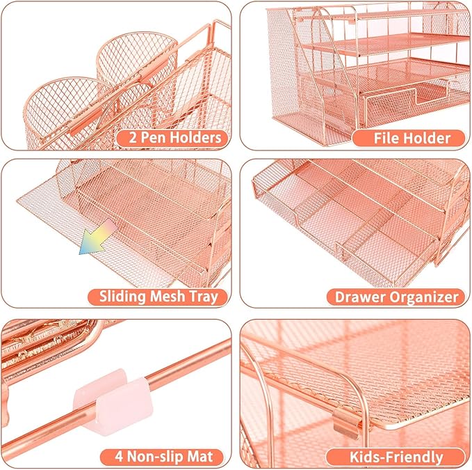 Desk Organizer and Accessories, 4-Tier Desktop File Organizer with Drawer and 2 Pen Holders, Office Desk Accessories for Office Supplies(Rose Gold)