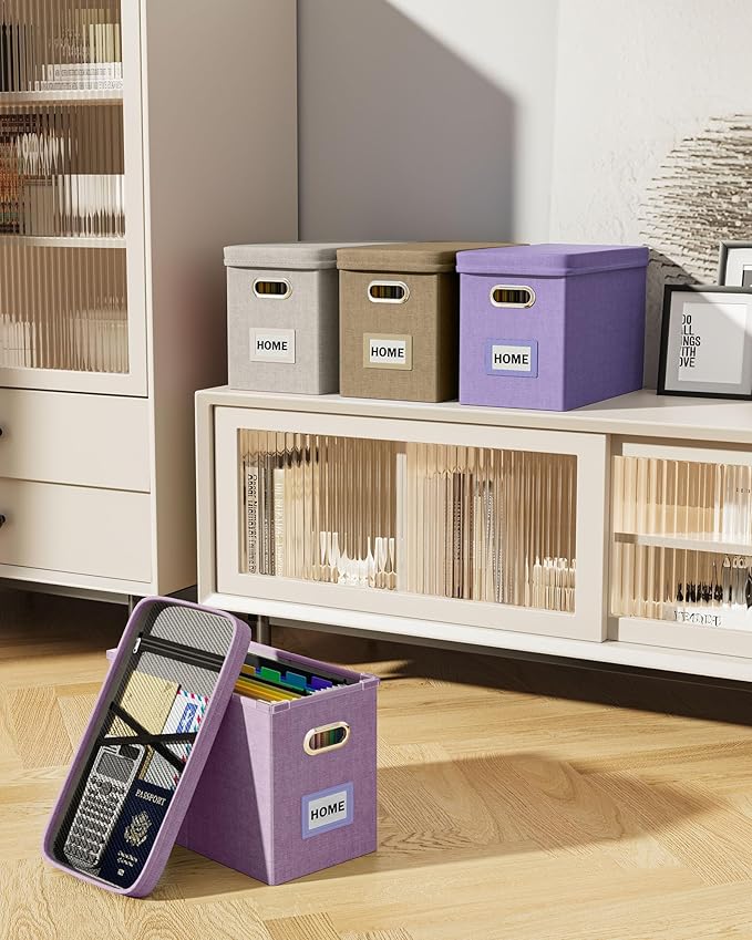 Oterri File Organizer Box with Lid, Hanging Filing File Box with Mesh Pocket, Document Organizer Box for Letter Files, Portable Storage Box with Smooth Sliding Rail for Office&Home(1 PCS, Khaki)