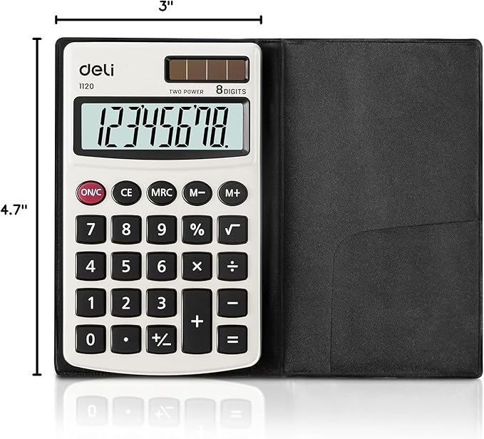 Calculator, Deli Standard Function Basic Calculators, Solar Battery Dual Power Office Calculator with Cover, Metal Panel