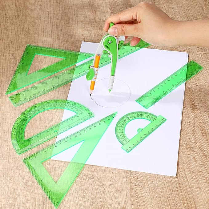 Zonon 1 Set Plastic Geometry Math Set 7 Pcs Includes 6'' / 4 '' Protractor, Drawing Compass, 45/60 Degree Triangle Rulers, 12'' / 6'' Math Ruler Transparent for Office Supplies(Green)