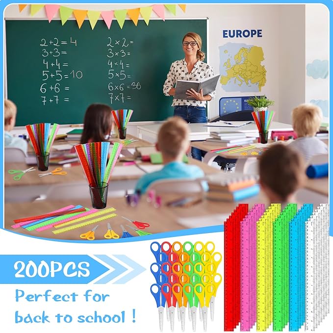 PerKoop 200 Pcs School Supplies with 100 Pcs Safety Blunt Tip Student Scissors 100 Pcs 12 Inch Plastic Rulers Back to School Supply Kit for Operation Christmas Charity Donation Supplies (Cute Color)