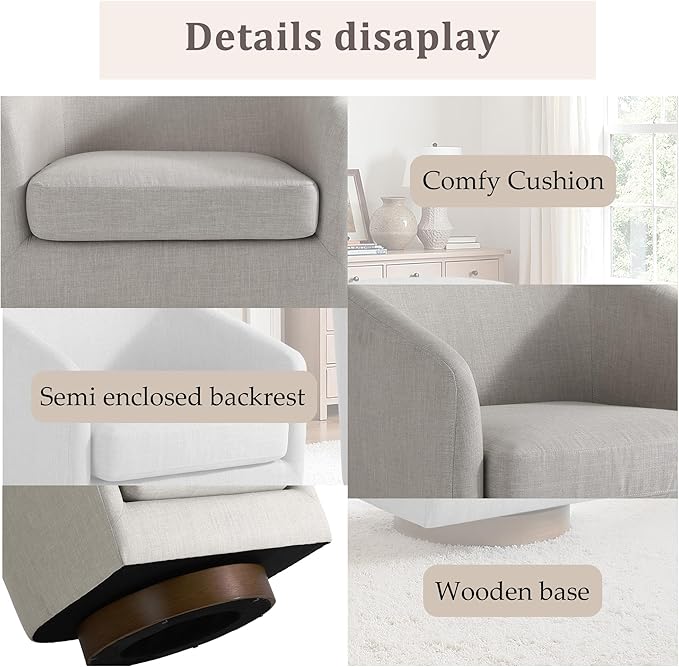 UIXE Swivel Accent Chair with Wood Base, Fabric Upholstered Barrel Chairs for Living Room, Comfy Round Armchair Single Sofa Bedroom Reading Seat - 31" W, Khaki