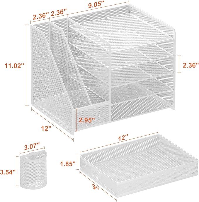Marbrasse Desk Organiser with File Holder, 5-Tier Paper Letter Tray Organiser with Drawer and 2 Pen Holder, Mesh Desktop Organizer and Storage with Magazine Holder for Office Supplies(White)