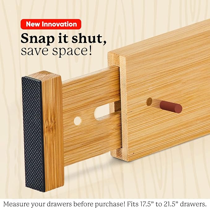 Night Tree Expandable Bamboo Drawer Dividers – Spring-Loaded Wooden Organizers for Clothes, Kitchen Utensils, Bathroom, and Dresser Drawers (17.5" to 21.5")