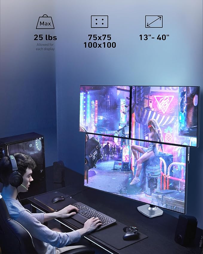 Triple Monitor Mount, Holds Screens up to 40 Inches and 25 lbs, Fully Adjustable 3 Monitor Desk Mount with C-Clamp and Grommet Base, Aluminum, Silver