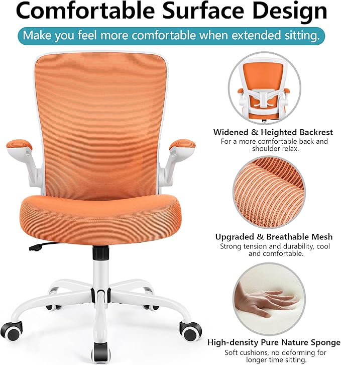 FelixKing Office Chair, Ergonomic Desk Chair Breathable Mesh Chairs with Adjustable High Back Lumbar Support Flip-up Armrests, Executive Swivel Comfy Task Computer Chairs for Home Office Sunset Orange