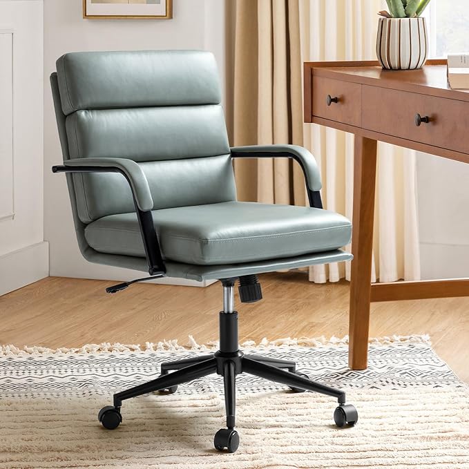 HULALA HOME Modern Faux Leather Home Office Chair with Tilt Lock & Metal Base, Desk Chair with Wheels & Padded Cushion, 360° Swivel Wide Seat Computer Task Chair, Sage