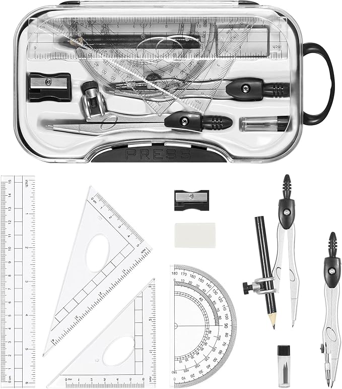 Math Geometry Kit Sets 10 Piece Student Supplies with Shatterproof Storage Box,Includes Rulers,Protractor,Compass,Eraser,Pencil Sharpener,Lead Refills,Pencil,for Drafting and Drawings(Black)