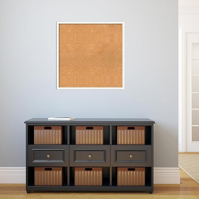 Amanti Art Natural Cork Board for Wall, 27x27 Vision Board with White Frame, Large Corkboard Office Decor for Home Organization, Modern Corkboard Pinboard to Display Items for Home Organization in