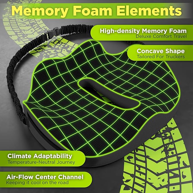 XL Truck Seat Cushion for Truck Driver Seat Cushion - Upgraded Back Support, CertiPUR-USยฎ Certified - Thick Memory Foam, Pain Relief for Hours of Driving, Trucker Approved Big Rig - Black