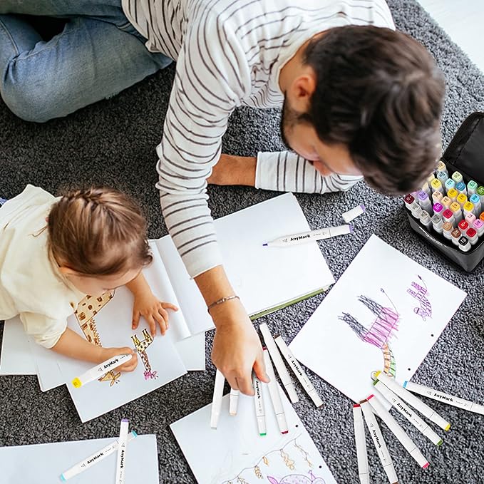 AnyMark Alcohol Markers, 48 Colors Dual Tip Art Coloring Markers Set for Kids Adult Book Drawing Sketching Painting, Chisel & Fine, White Penholder