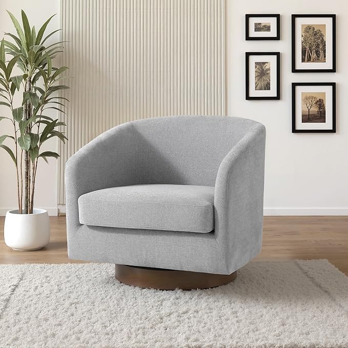 UIXE Swivel Accent Chair with Wood Base, Chenille Upholstered Barrel Chairs for Living Room, Comfy Round Armchair Single Sofa Bedroom Reading Seat - 31" W, Light Gray