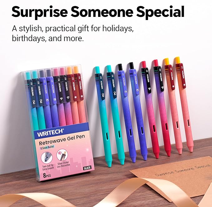 WRITECH Black Ink Gel Pens: 8-Pack Retrowave 0.5mm Fine Point Pens - Smooth Writing Silent Clicker and Refillable Perfect for School Office & Everyday Use.