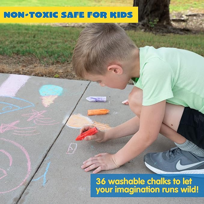 JOYIN 36 PCS Washable Sidewalk Chalks Set in 6 Packs, 18 Colors, Including 12 Tie Dye, 12 Glitter & 12 Neon Color Outdoor Chalks for Painting, Drawing, Gifts for Kids