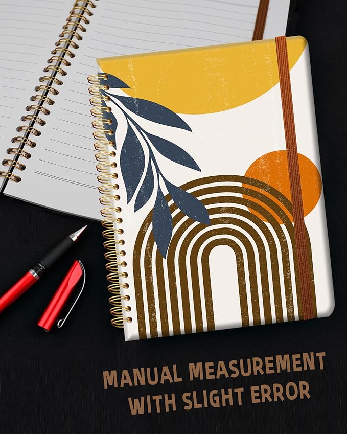 Ruled Spiral Writing Notebook,A5 Hardcover Lined College Journal for Women Lady,Fashion Puppy Watercolor Strong Twin-Wire Binding with Premium Paper,8.4" X 6",Perfect for School,Office,Home Gifts(Abstract Boho Sun Moon Leaves)