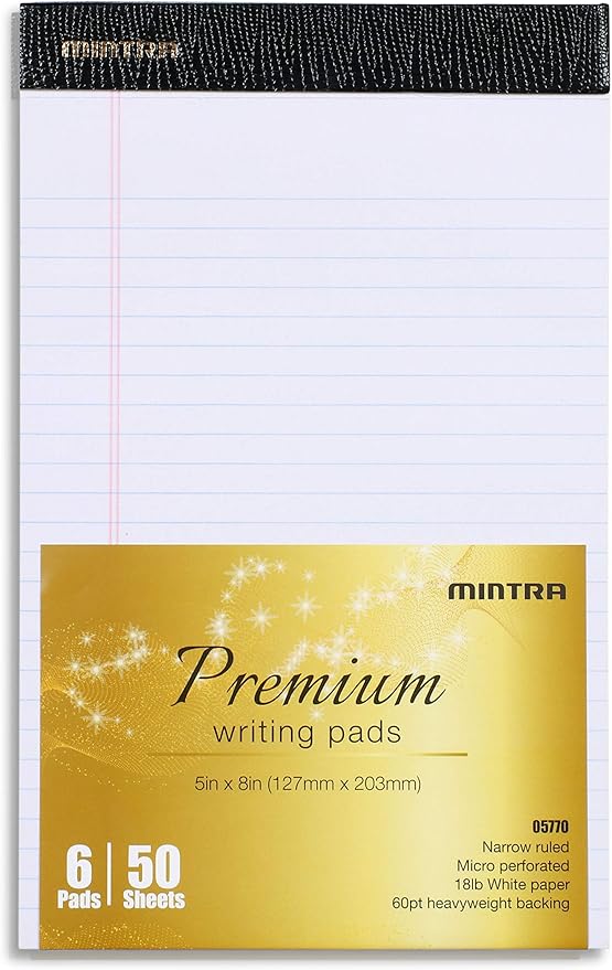 Mintra Office Legal Pads - ((PREMIUM WHITE 6pk, 5in x 8in, NARROW RULED))