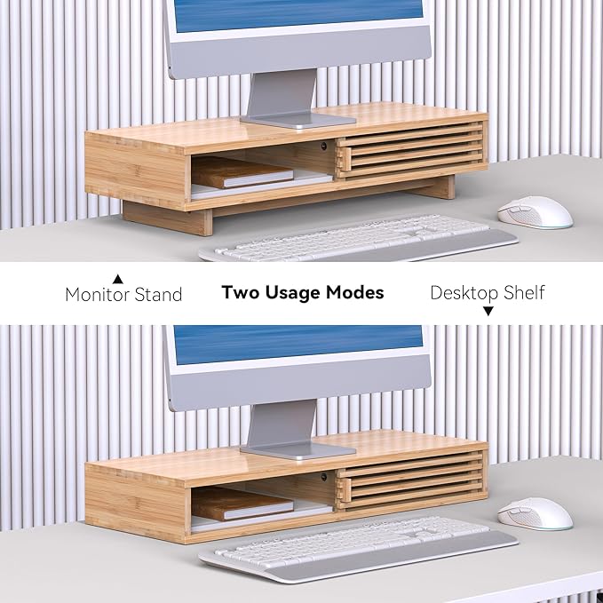 Monitor Stand Riser with Sliding Door, Computer Laptop Stand Desk Shelf Organizer with Storage (Natural Bamboo, 25 Inch)
