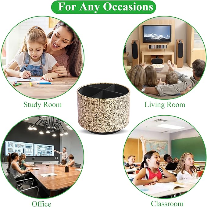 lizimandu Round Leather Art Supply Organizer,Remote Control Holder,360 Degree Spinning,Multi-Functional Pencil Holder,4 Compartments Desktop Stationary Organizer(1-Yellow Black)