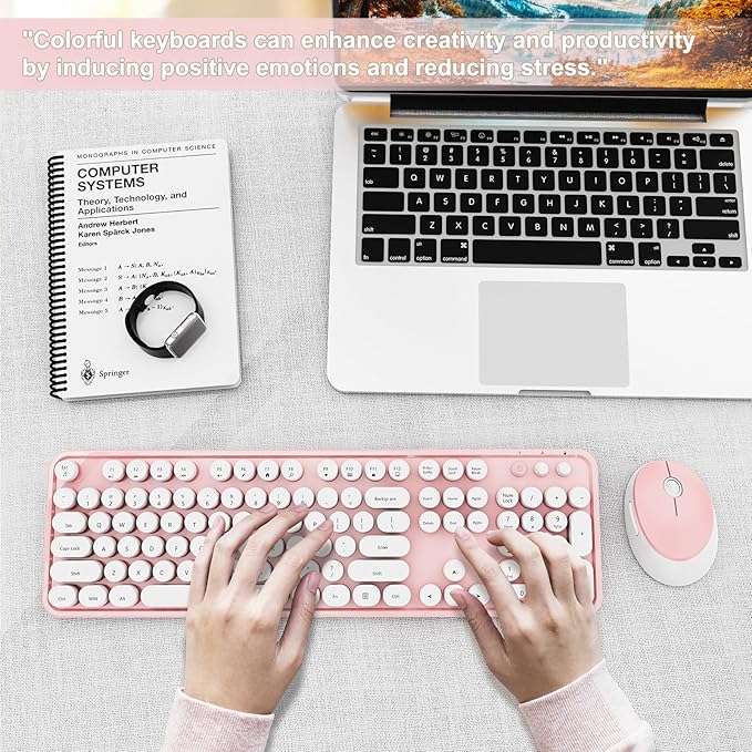 Wireless Keyboard and Mouse Combo, Ergonomic Full Size Typewriter Retro Round Keycaps Keyboard, Compatible with Windows, PC, Perfer for Home and Office Keyboards (Lovely Pink)