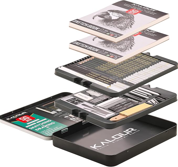 KALOUR 52-Pack Sketch Drawing Pencils Kit with Two Sketchbook,Tin Box,Include Graphite,Charcoal and Artists Tools,Pro Art Drawing Supplies for Adults Beginner Kids