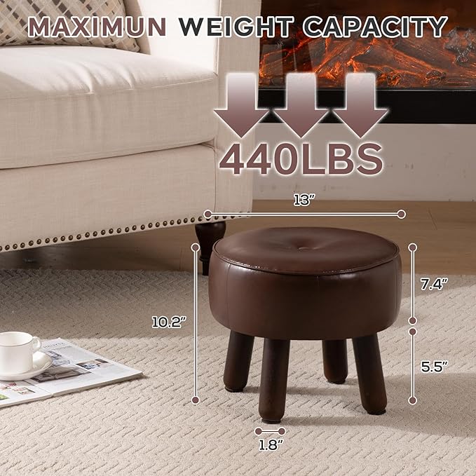 Small Foot Stool Ottoman, Round Pouf Foot Rest, Footstool Ottomans with Rubber Legs Under Desk, Faux Leather Footrest for Couch, Living Room, Bedroom, Office, 13''L x 13''W x 10.2''H, Coffee