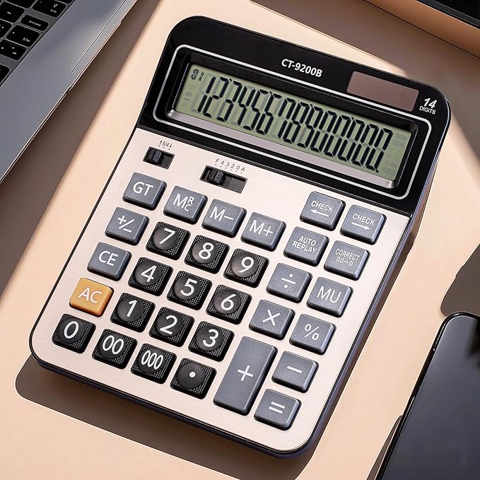 Large Computer Electronic Calculator Counter Solar & Battery Power 14 Digit Display Multi-Functional Big Button for Business Office School Calculating (HY-9200B)