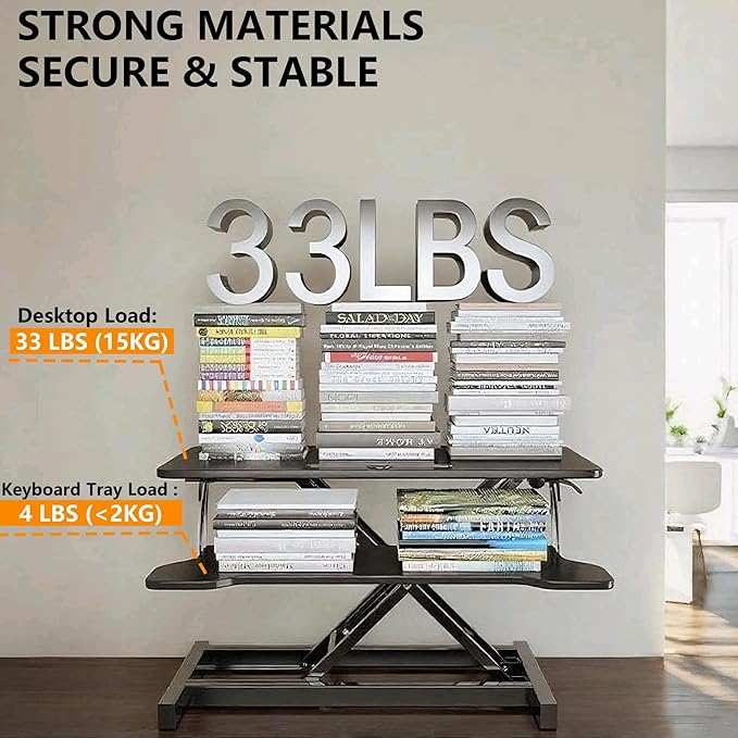 Standing Desk Converter - 32 Inch Wide Adjustable Sit to Stand Up Workstation, Dual Monitor and Laptop Riser with Wide Keyboard Tray, Headphone Stand,Cable Clips,for Home Office, Black