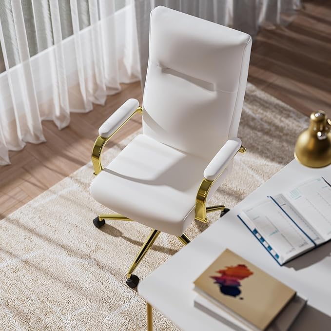 White and Gold Office Chair Memory Foam, White Leather Computer Desk Chairs with Wheels and Arms, High Back Executive Office Chair for Girl and Women