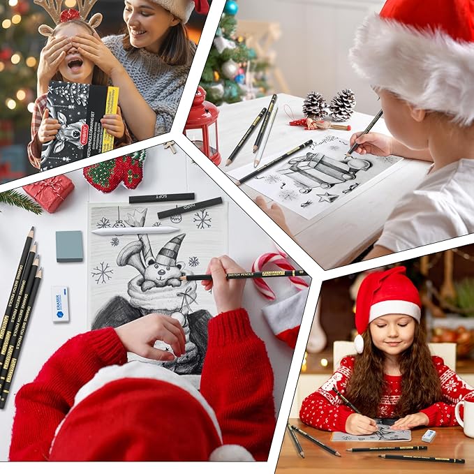 PANDAFLY 26-Piece Professional Sketch Pencil Set - Includes 4H to 14B Graphite Pencils, Charcoal Pencils, Charcoal Sticks, Vinyl Eraser, Kneaded Eraser, Sharpener, Blending Stump