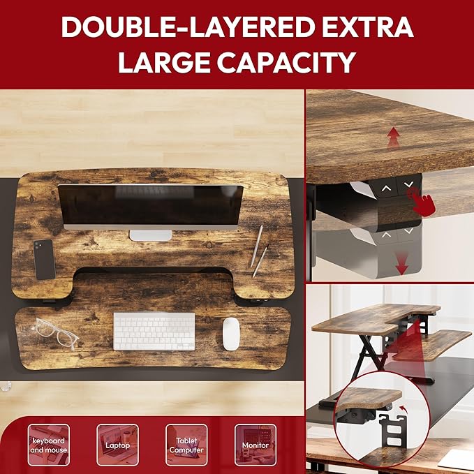 SANODESK Standing Desk Converter with Electric Motor 40" Height Adjustable Riser for Office Home,Dual Monitor and Laptop Workstation with Large Keyboard Tray,Rustic Color