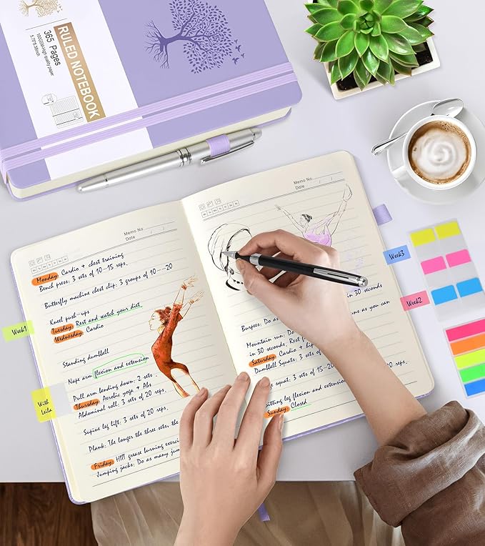 Leather Journals --ruled 365 Pages A5, Pink Hardcover for Women, Men, Note Taking, Writing, 5.75'' X 8.38'' Purple