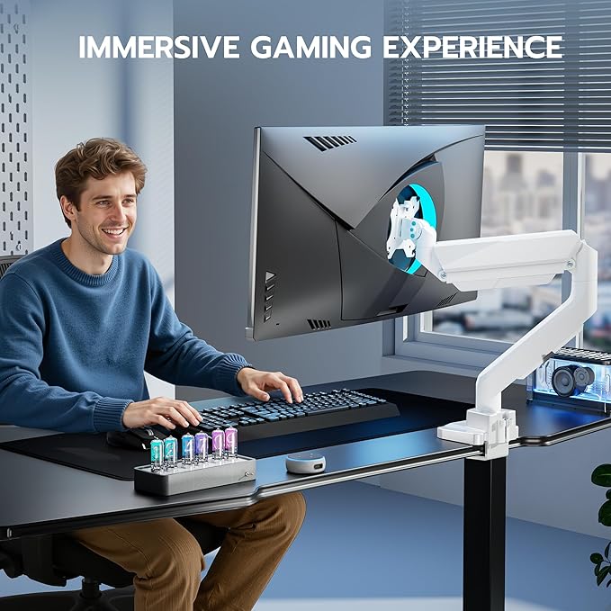 ARES WING Single Monitor Arm, Heavy Duty Adjustable Monitor Arm for 13"-45" Screens with USB, Gas Spring Desk Mount Stand with C Clamp/Grommet Mounting Base up to 40lbs Computer, White