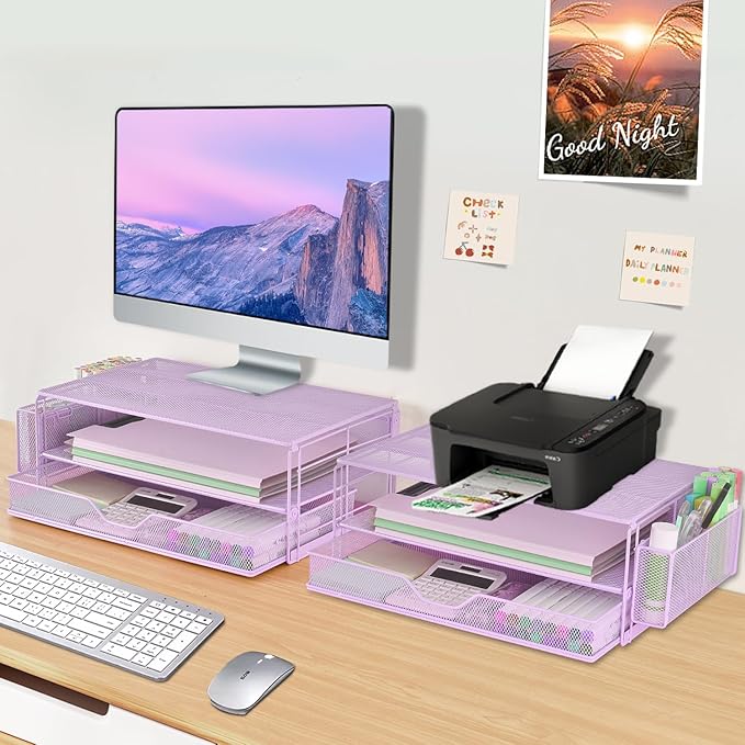 AUPSEN Computer Monitor Stands Riser,2-Tier Desk Organizers and Accessories, Office Desk Accessories Organizer with Drawers and 2 Pen Holder for Office Supplies (Purple)